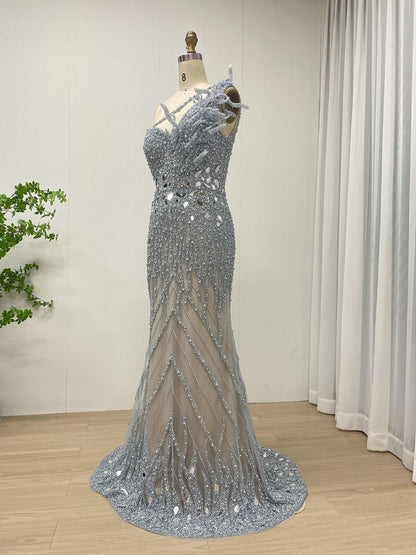 Sparkling Pink Evening Gown with One-Shoulder Asymmetrical Neckline MY30155