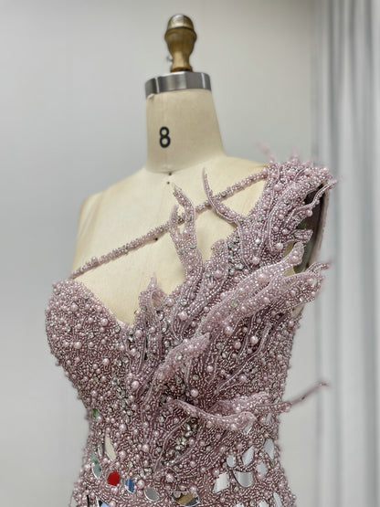 Sparkling Pink Evening Gown with One-Shoulder Asymmetrical Neckline MY30155