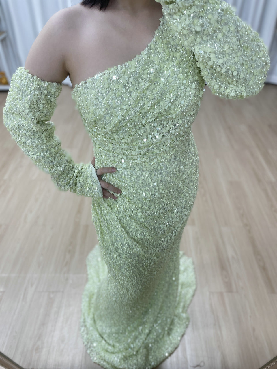 Light Green Ruched One-Shoulder Sequin Mermaid Dress MY30156
