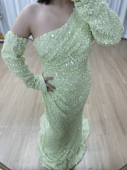 Light Green Ruched One-Shoulder Sequin Mermaid Dress MY30156