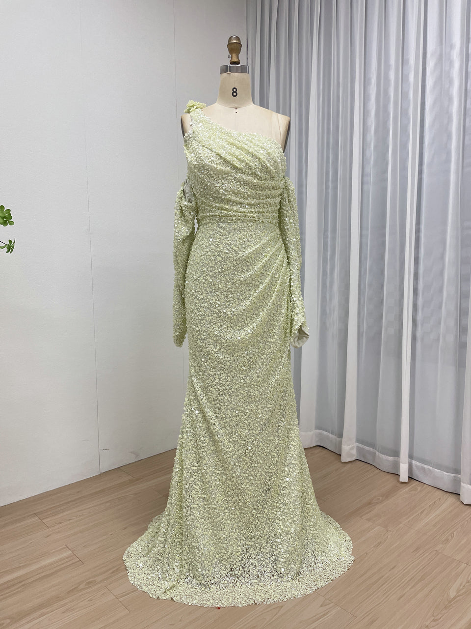 Light Green Ruched One-Shoulder Sequin Mermaid Dress MY30156