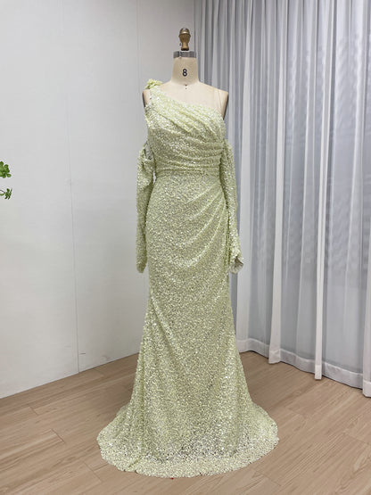 Light Green Ruched One-Shoulder Sequin Mermaid Dress MY30156