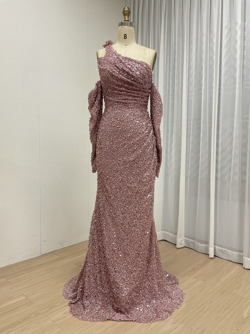 Light Green Ruched One-Shoulder Sequin Mermaid Dress MY30156