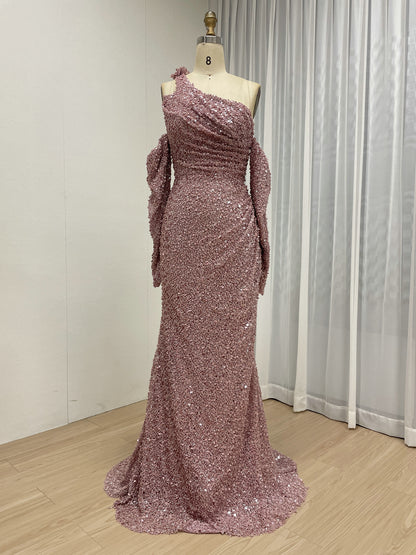 Light Green Ruched One-Shoulder Sequin Mermaid Dress MY30156