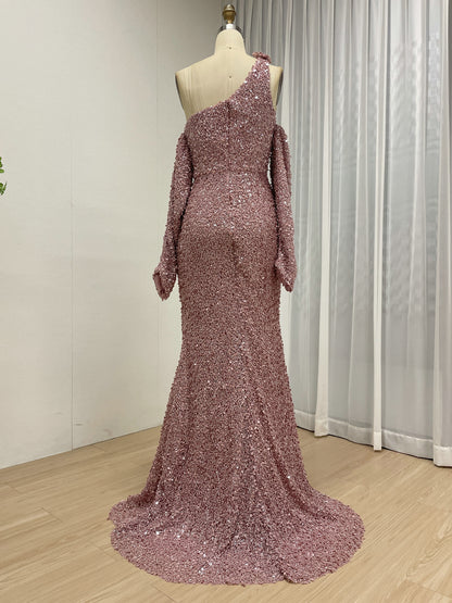 Light Green Ruched One-Shoulder Sequin Mermaid Dress MY30156