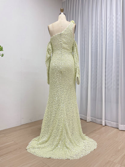 Light Green Ruched One-Shoulder Sequin Mermaid Dress MY30156