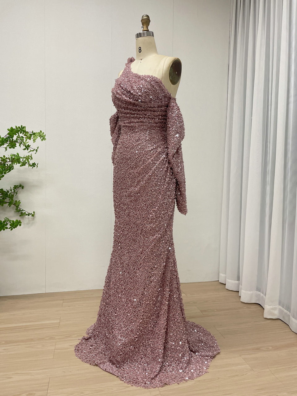 Light Green Ruched One-Shoulder Sequin Mermaid Dress MY30156