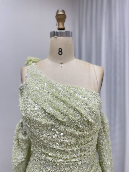 Light Green Ruched One-Shoulder Sequin Mermaid Dress MY30156