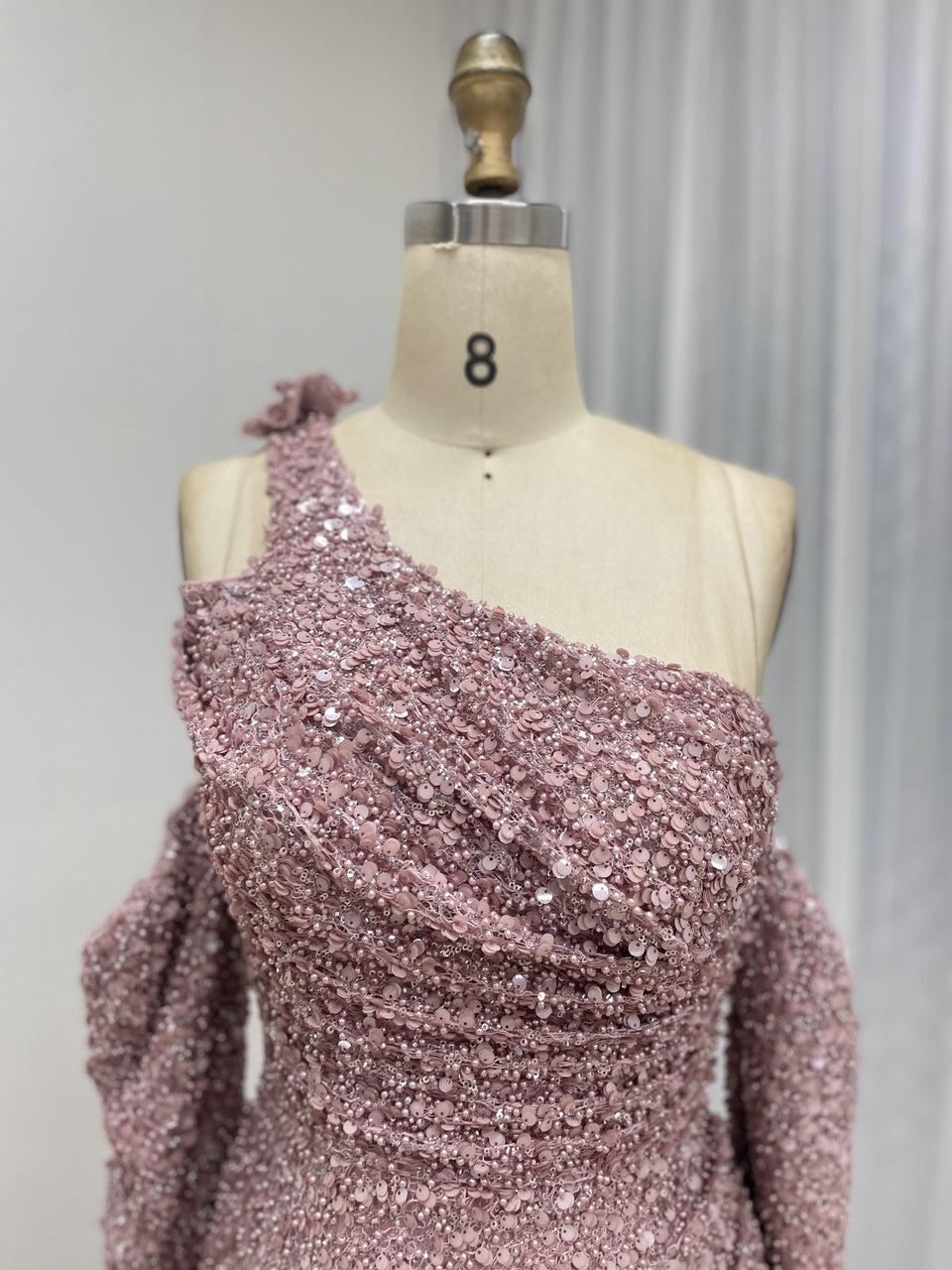 Light Green Ruched One-Shoulder Sequin Mermaid Dress MY30156