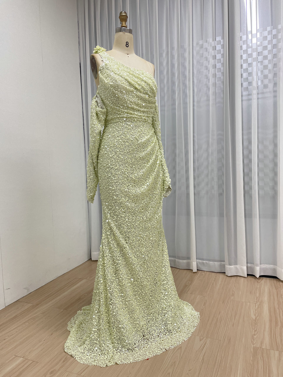 Light Green Ruched One-Shoulder Sequin Mermaid Dress MY30156