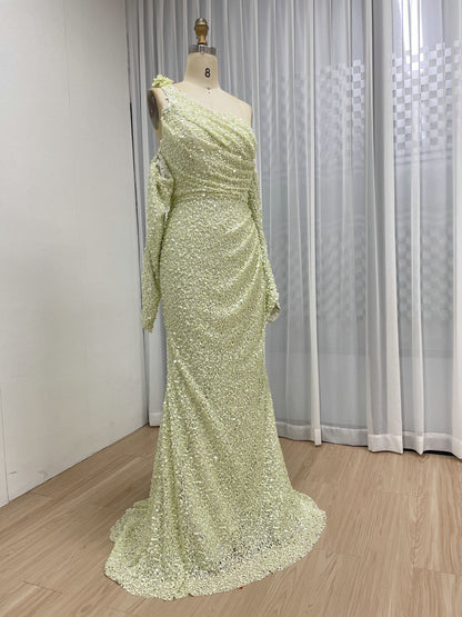 Light Green Ruched One-Shoulder Sequin Mermaid Dress MY30156