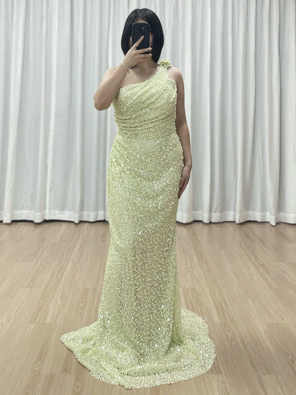 Light Green Ruched One-Shoulder Sequin Mermaid Dress MY30156