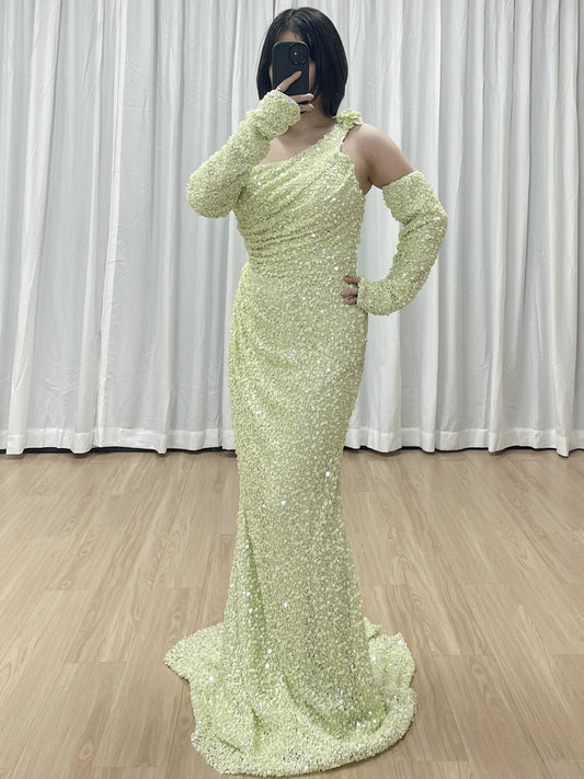 Light Green Ruched One-Shoulder Sequin Mermaid Dress MY30156