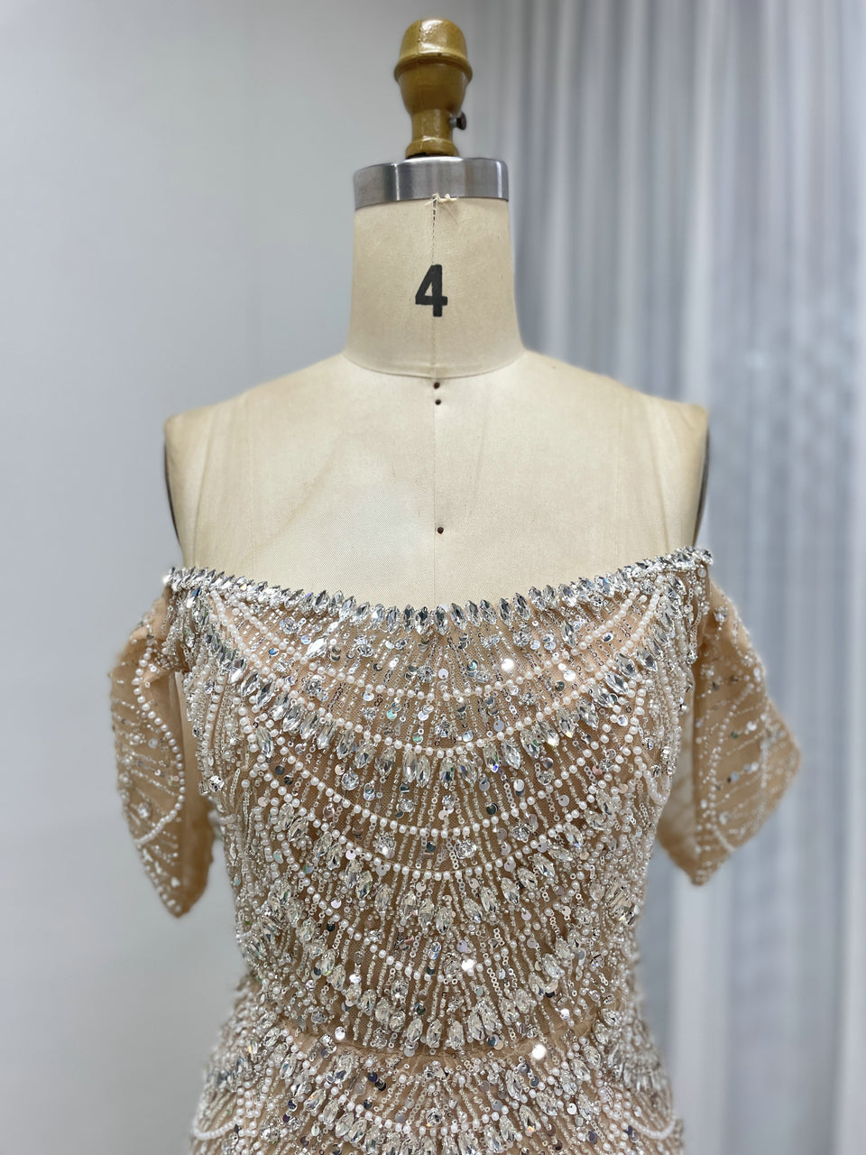 Champagne Beaded Champagne Mermaid Gown with Off-Shoulder Sleeves MY30157