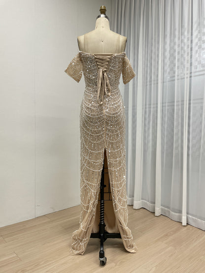 Champagne Beaded Champagne Mermaid Gown with Off-Shoulder Sleeves MY30157