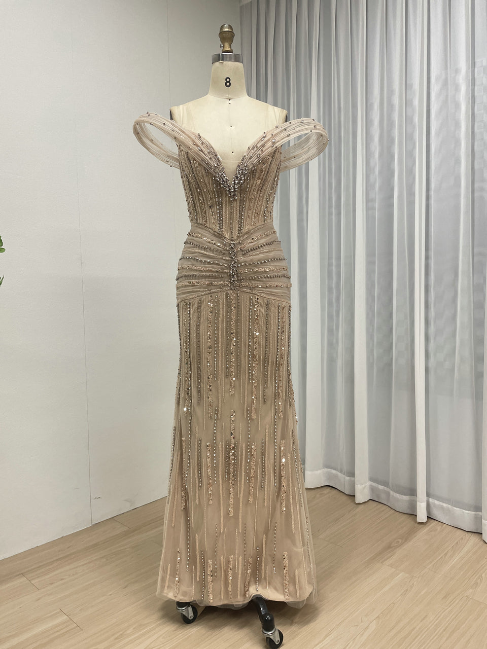 Champagne Off-Shoulder Beaded Mermaid Evening Dress Elegant Red Tulle Formal Gown MY30158