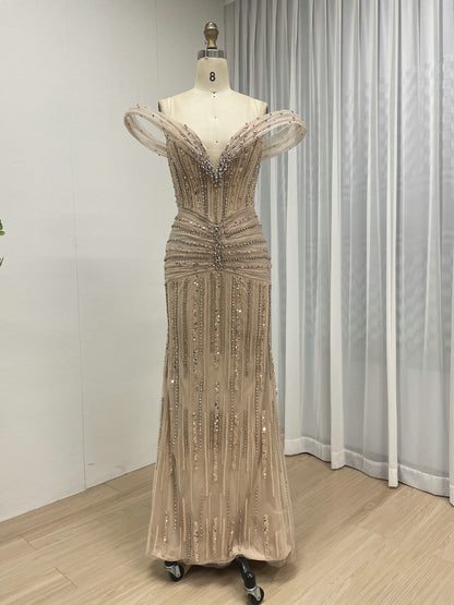 Champagne Off-Shoulder Beaded Mermaid Evening Dress Elegant Red Tulle Formal Gown MY30158
