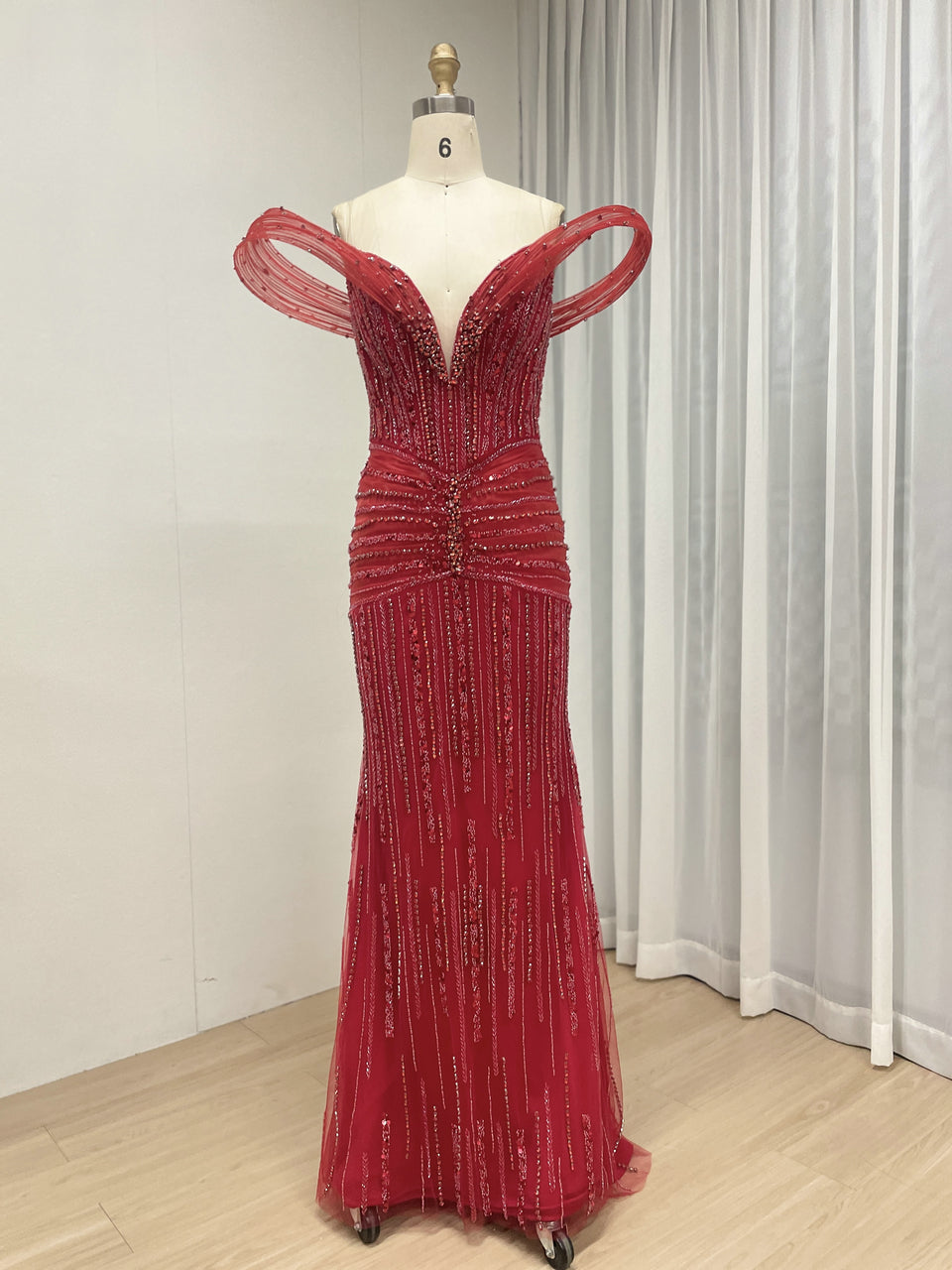 Champagne Off-Shoulder Beaded Mermaid Evening Dress Elegant Red Tulle Formal Gown MY30158