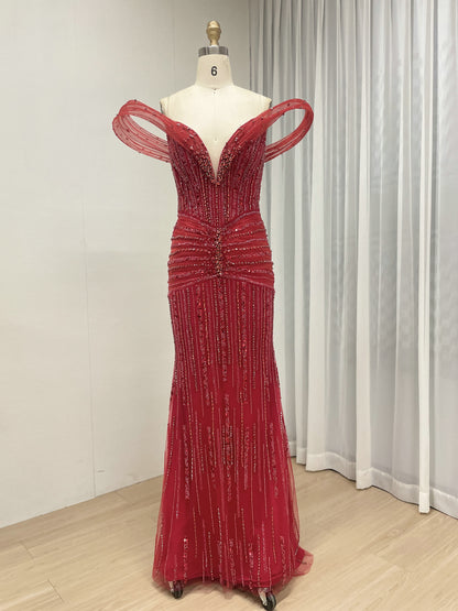 Champagne Off-Shoulder Beaded Mermaid Evening Dress Elegant Red Tulle Formal Gown MY30158