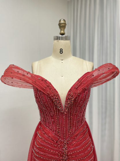 Champagne Off-Shoulder Beaded Mermaid Evening Dress Elegant Red Tulle Formal Gown MY30158