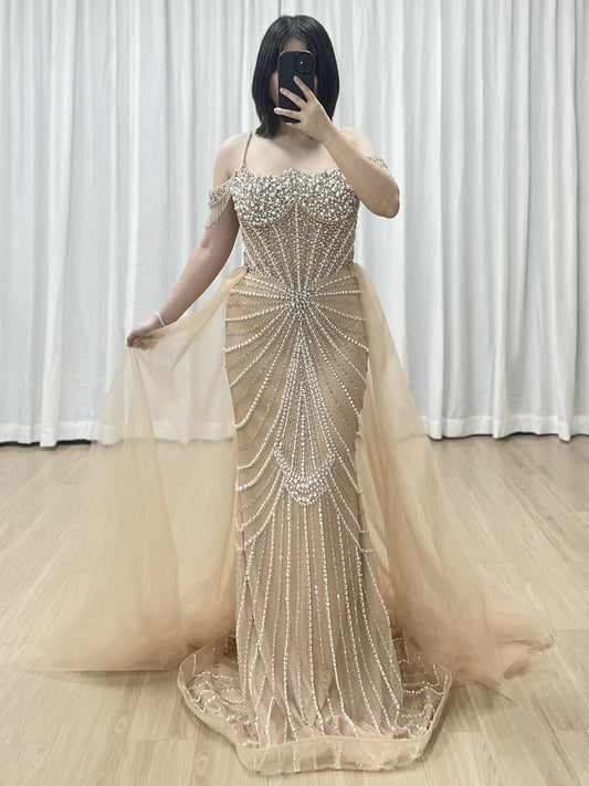 Chic Champagne Evening Gown with Beaded Layers Mermaid Fit MY30160