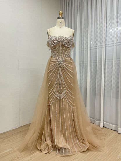 Chic Champagne Evening Gown with Beaded Layers Mermaid Fit MY30160
