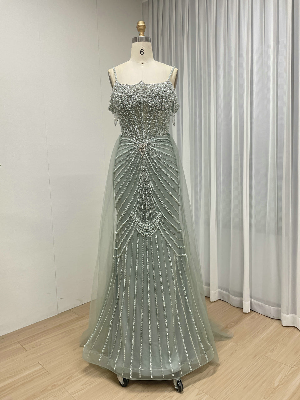 Champagne Pearl Sunburst Mermaid Gown with Detachable Tulle Overskirt MY30160