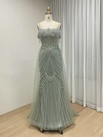 Champagne Pearl Sunburst Mermaid Gown with Detachable Tulle Overskirt MY30160