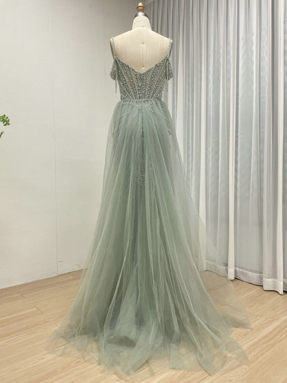 Champagne Pearl Sunburst Mermaid Gown with Detachable Tulle Overskirt MY30160