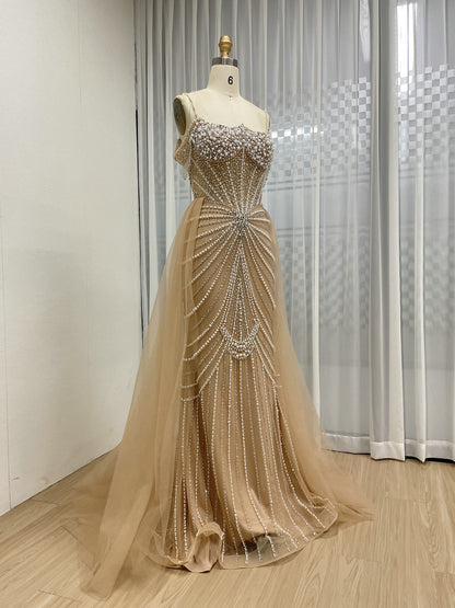 Chic Champagne Evening Gown with Beaded Layers Mermaid Fit MY30160