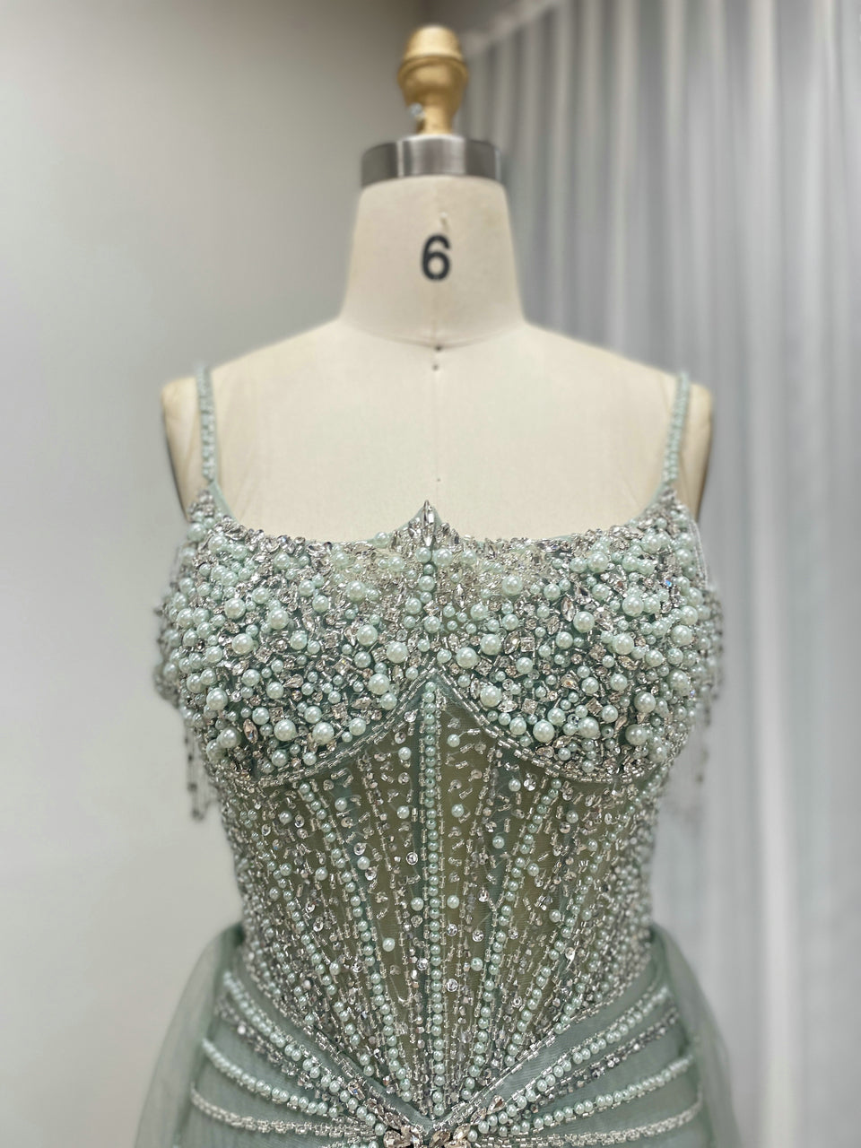 Champagne Pearl Sunburst Mermaid Gown with Detachable Tulle Overskirt MY30160
