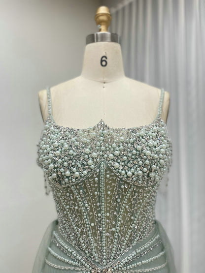 Champagne Pearl Sunburst Mermaid Gown with Detachable Tulle Overskirt MY30160