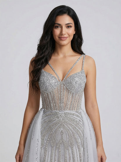 Silver Beaded Illusion Evening Gown with Sheer Tulle Overskirt MY30161