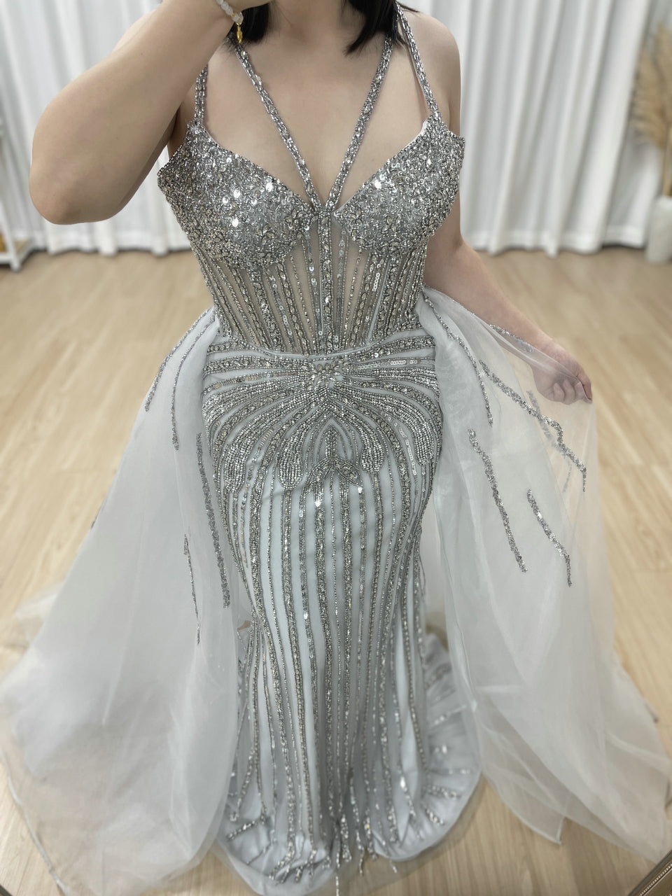 Luxury Silver Gray Beaded Mermaid Evening Dress with Detachable Tulle Overskirt MY30161