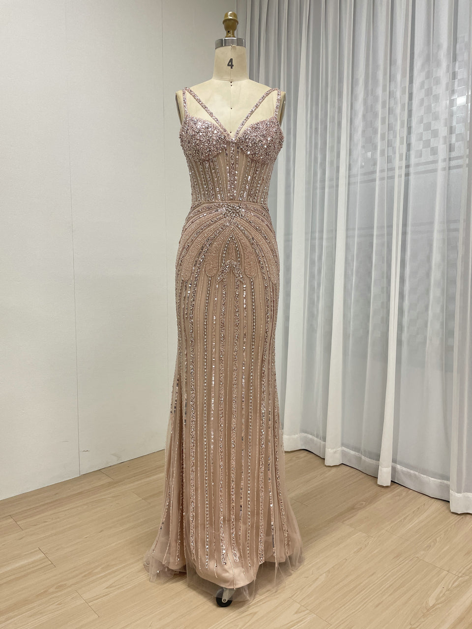 Luxury Silver Gray Beaded Mermaid Evening Dress with Detachable Tulle Overskirt MY30161