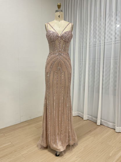 Luxury Silver Gray Beaded Mermaid Evening Dress with Detachable Tulle Overskirt MY30161