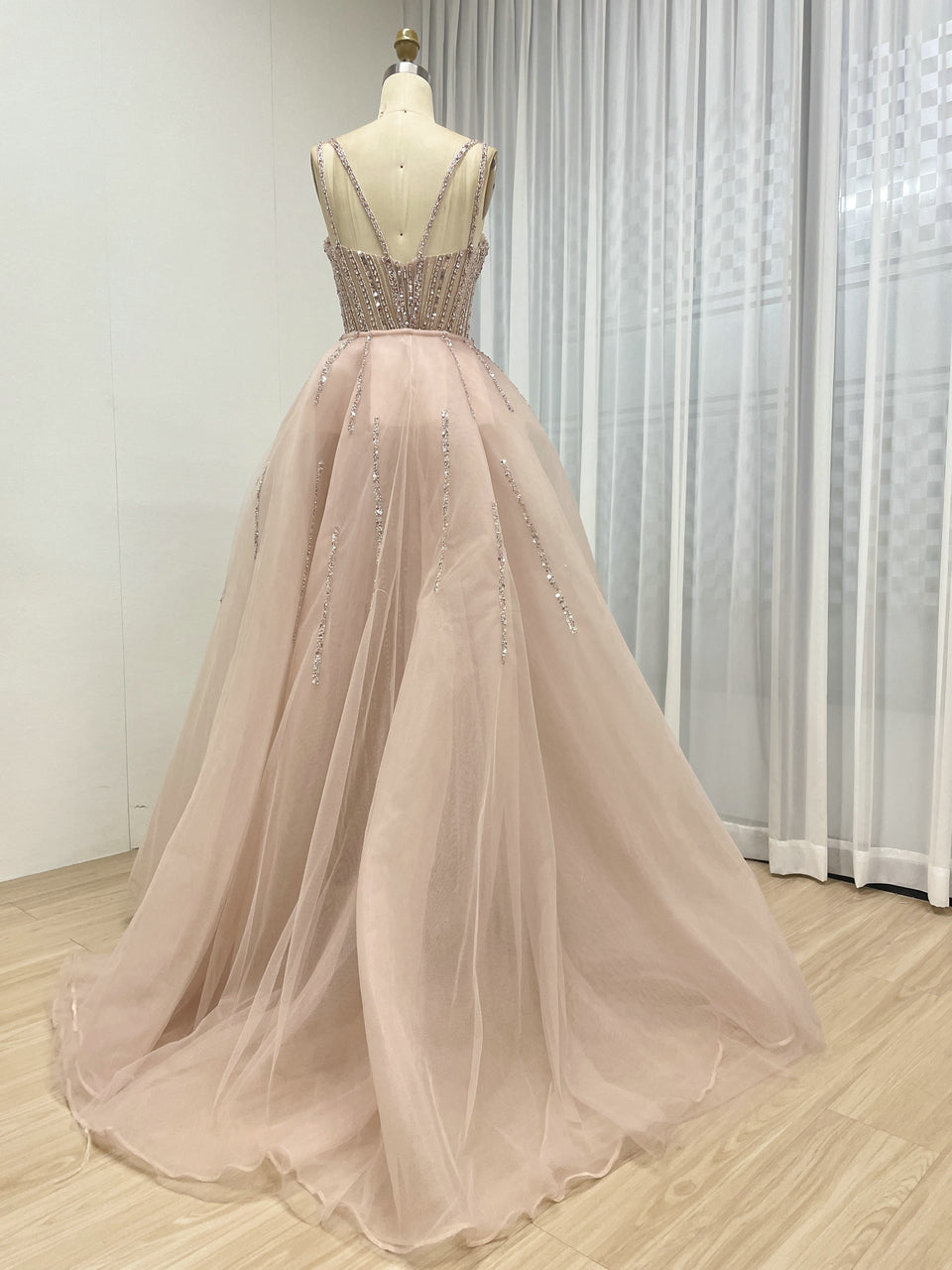 Luxury Silver Gray Beaded Mermaid Evening Dress with Detachable Tulle Overskirt MY30161