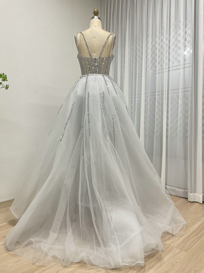 Luxury Silver Gray Beaded Mermaid Evening Dress with Detachable Tulle Overskirt MY30161