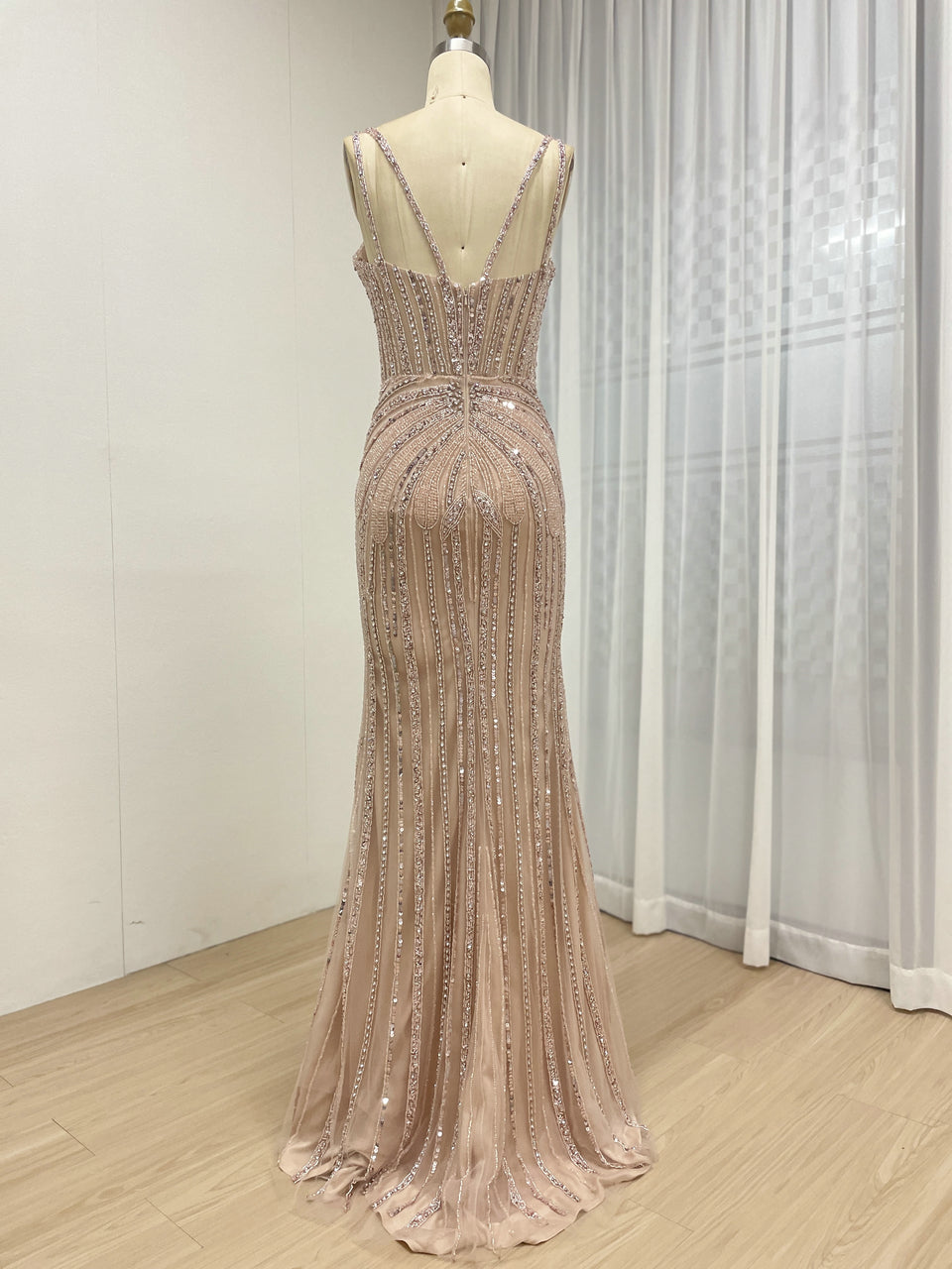 Luxury Silver Gray Beaded Mermaid Evening Dress with Detachable Tulle Overskirt MY30161