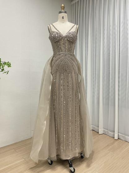 Silver Beaded Illusion Evening Gown with Sheer Tulle Overskirt MY30161