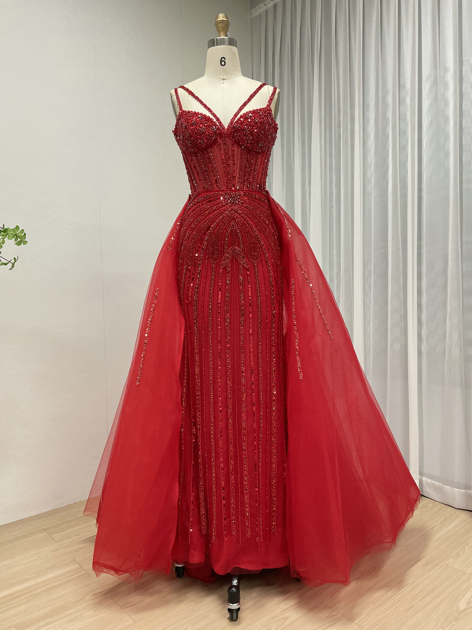Silver Beaded Illusion Evening Gown with Sheer Tulle Overskirt MY30161
