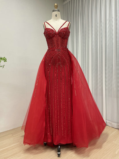 Silver Beaded Illusion Evening Gown with Sheer Tulle Overskirt MY30161