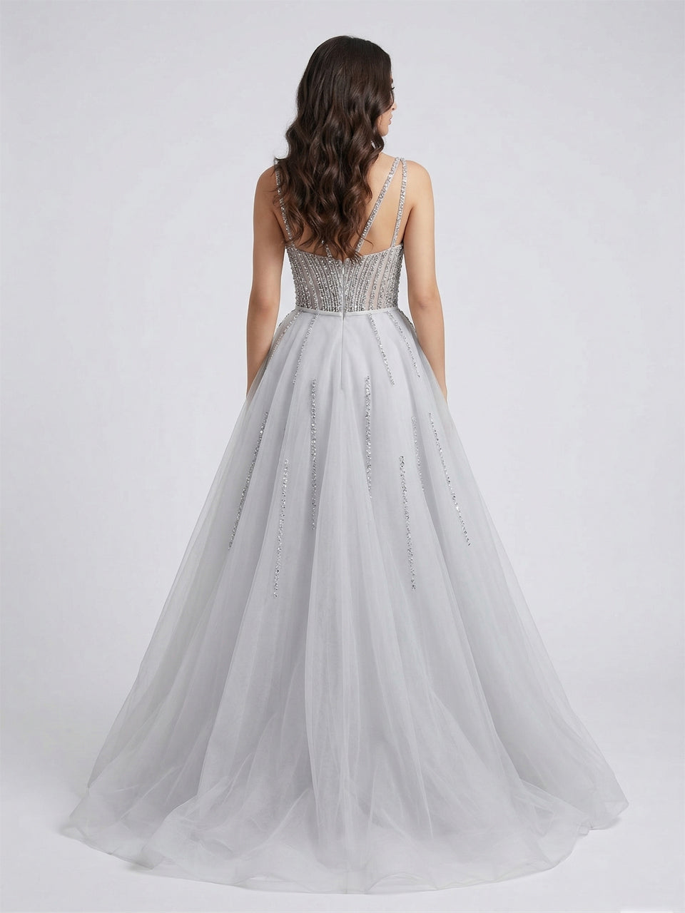 Silver Beaded Illusion Evening Gown with Sheer Tulle Overskirt MY30161
