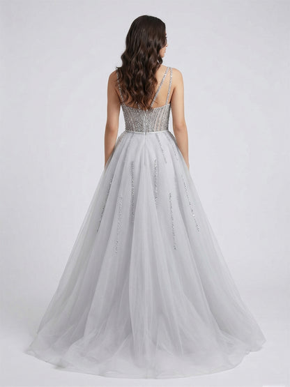 Silver Beaded Illusion Evening Gown with Sheer Tulle Overskirt MY30161