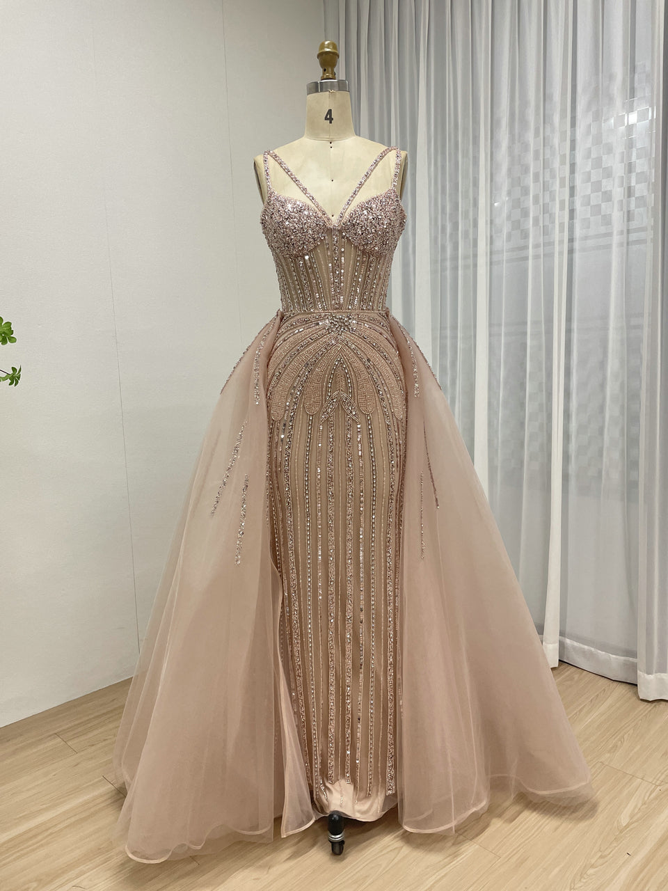 Luxury Silver Gray Beaded Mermaid Evening Dress with Detachable Tulle Overskirt MY30161