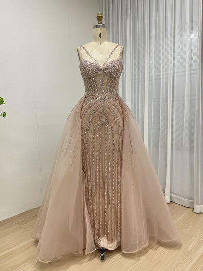 Luxury Silver Gray Beaded Mermaid Evening Dress with Detachable Tulle Overskirt MY30161