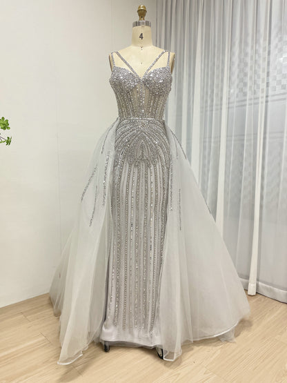 Luxury Silver Gray Beaded Mermaid Evening Dress with Detachable Tulle Overskirt MY30161