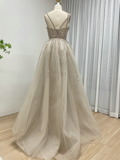 Silver Beaded Illusion Evening Gown with Sheer Tulle Overskirt MY30161