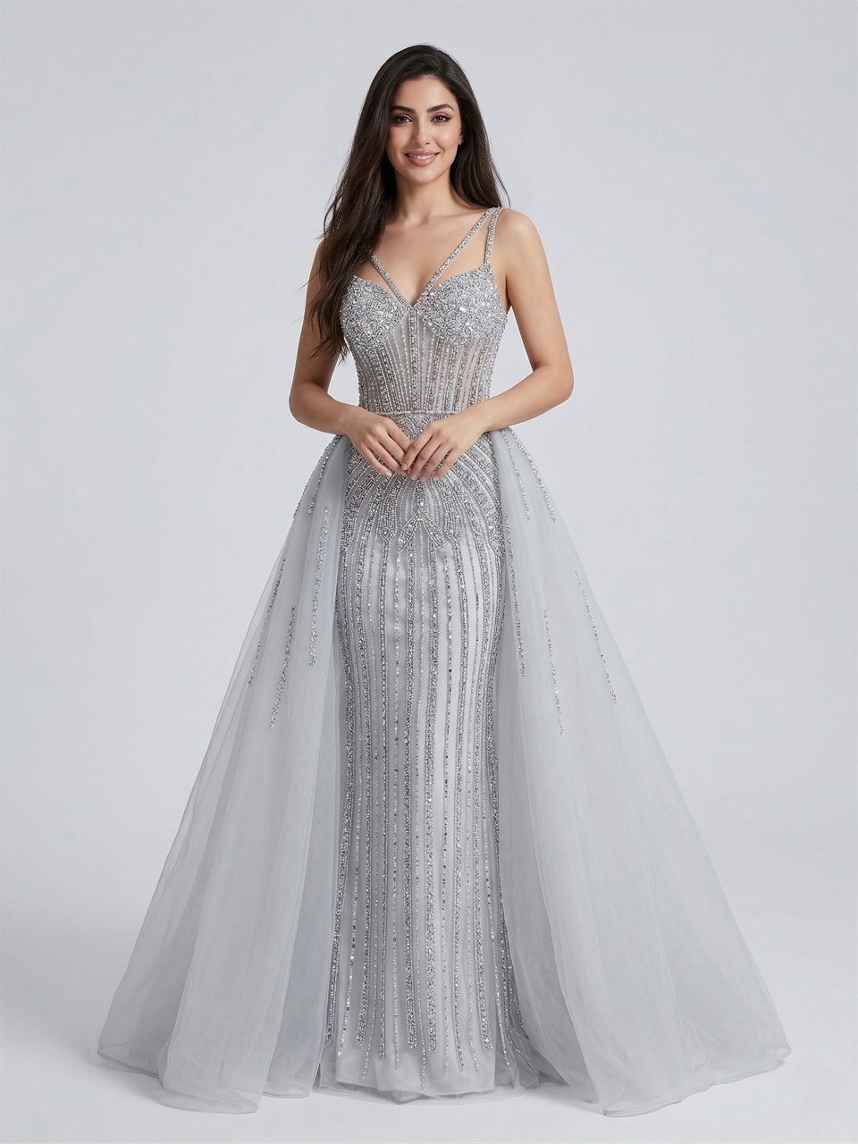 Silver Beaded Illusion Evening Gown with Sheer Tulle Overskirt MY30161