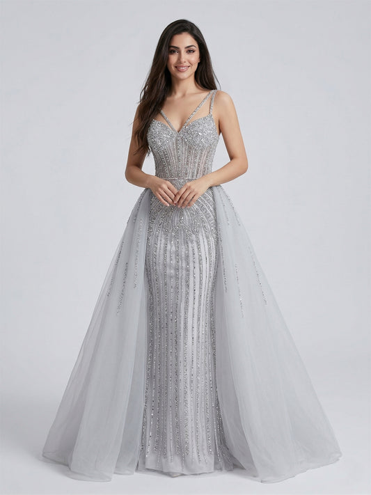 Silver Beaded Illusion Evening Gown with Sheer Tulle Overskirt MY30161